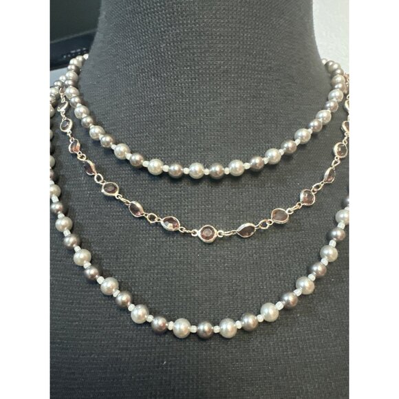 Roman And Sunstone Triple Strand Gray Pearl and Rhinestone Necklace 18 inch - Picture 3 of 5